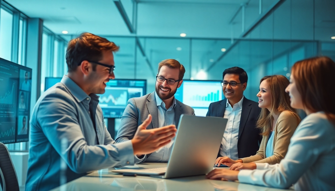 Analyze market insights with diverse professionals in a modern office setting, emphasizing data analysis and collaboration.