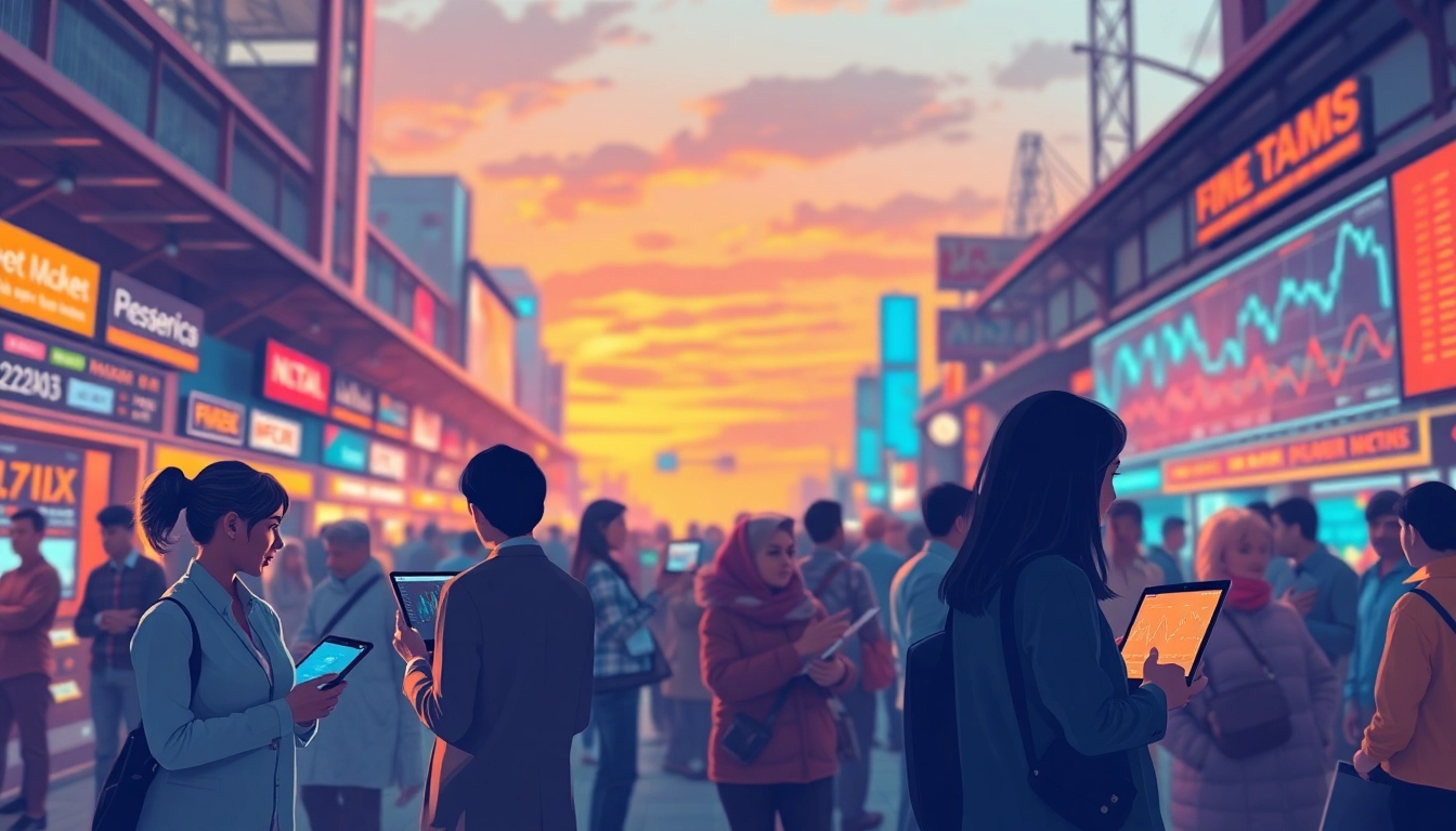 Visualize market insights through a vibrant market scene where professionals analyze data trends.