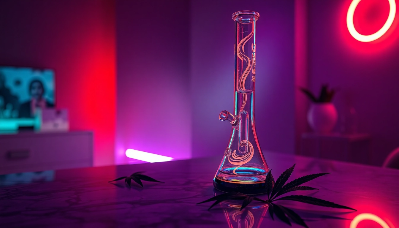 Explore the artistic beauty of a glass bong illuminated in neon colors, showcasing its intricate design.