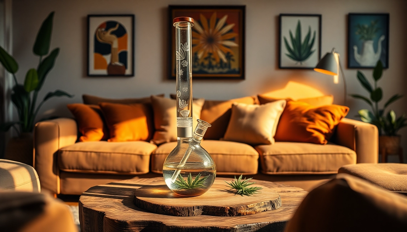 Explore a beautifully designed bong setup in a cozy living room, inviting relaxation and creativity.